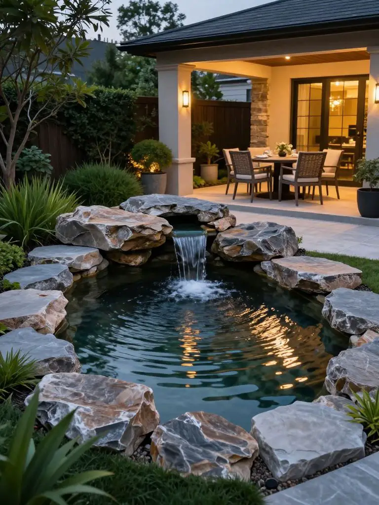 Create an elegant backyard pond with natural rock edging and a small waterfall feature.