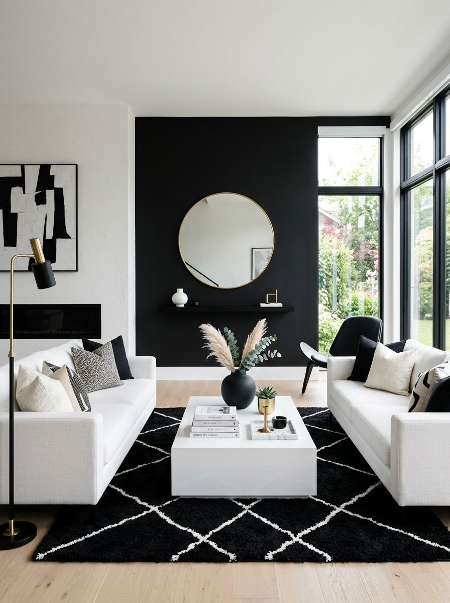 A luxurious black and white minimalist living room that blends modern elegance with subtle glam details.