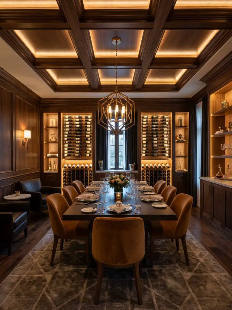 An elegant bonus room dining and wine lounge in a modern classic style, featuring rich walnut wood paneling, coffered ceilings, and built-in.