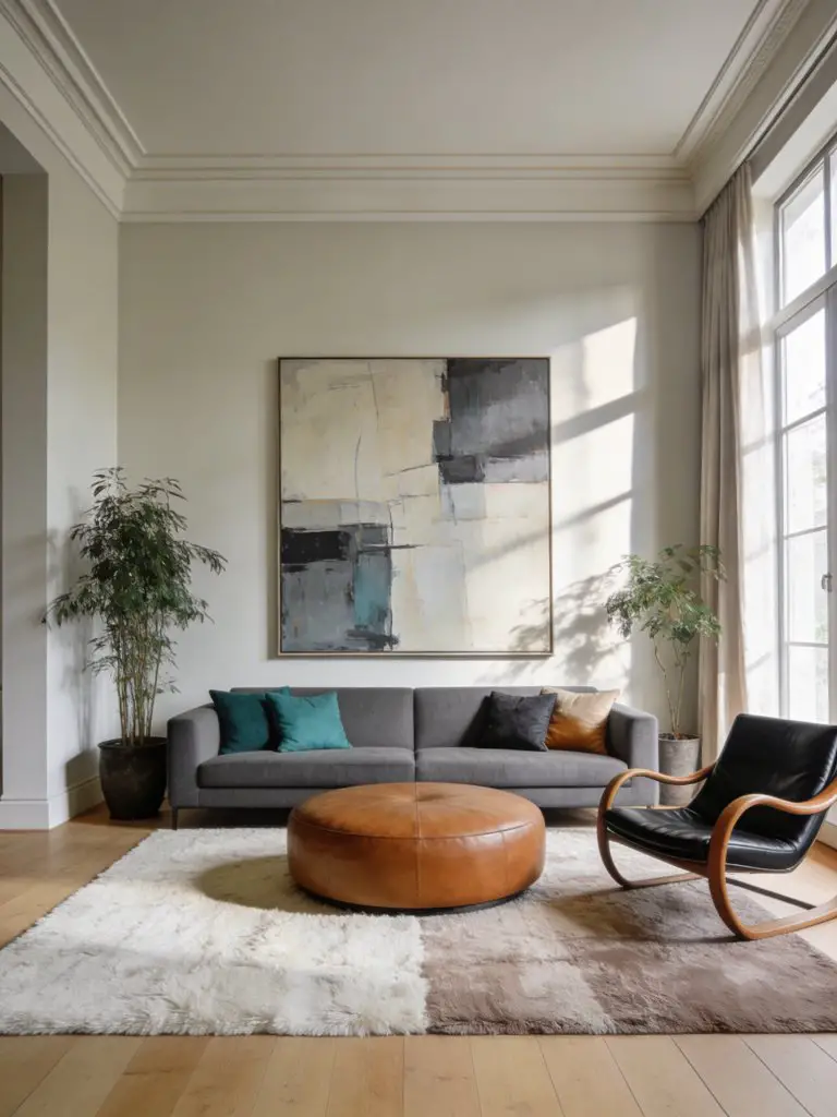 An elegant contemporary living room centered on a sophisticated grey sofa placed beneath a large abstract statement painting.