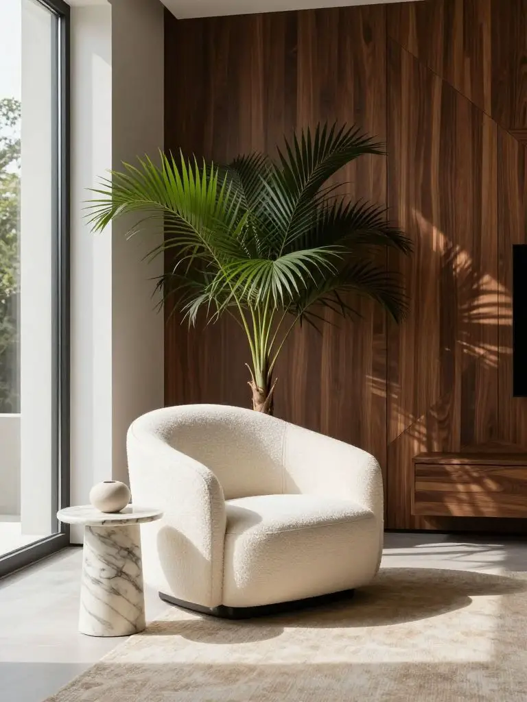 An elegant minimalist living room corner featuring a sculptural white boucle armchair placed beside a tall indoor palm.