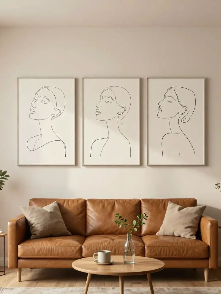 A warm modern minimalist living room centered around elegant minimalist wall art featuring continuous line art portraits.
