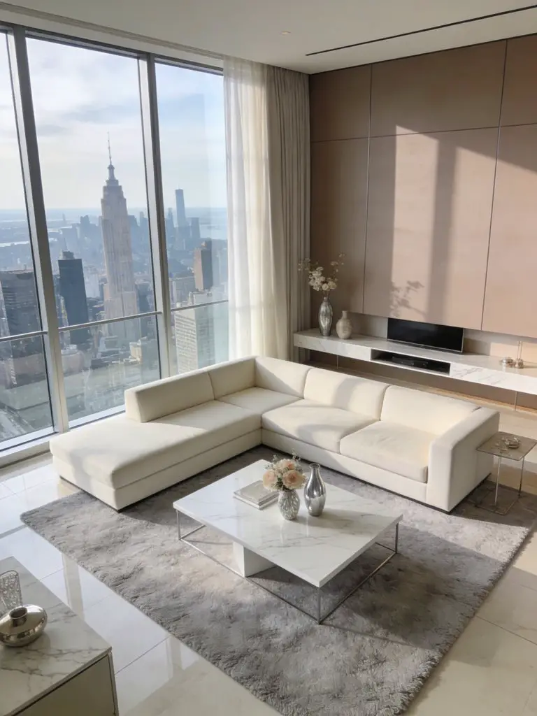 A luxurious minimalist living room with panoramic city skyline views framed by floor-to-ceiling glass windows.