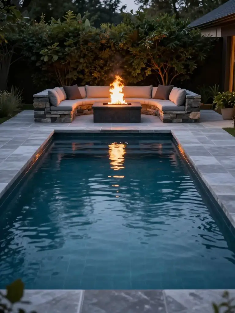 An elegant inground backyard swimming pool with a raised fire pit lounge area, designed in modern rustic luxury style.