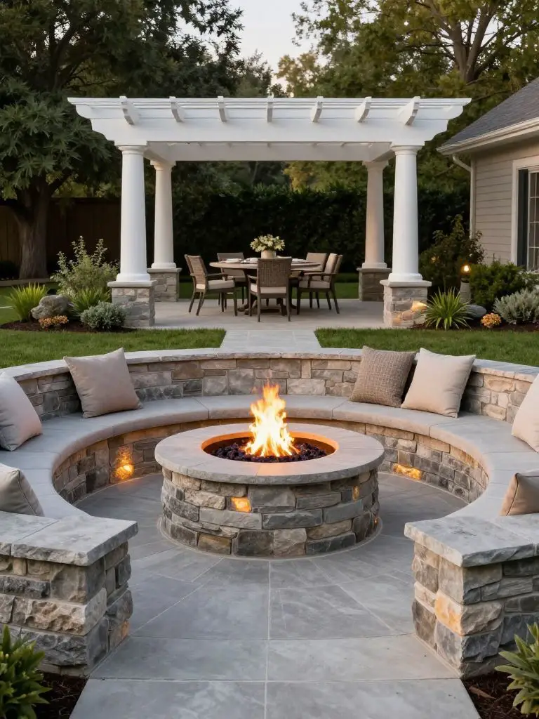 Create an elegant circular stone fire pit patio set within a manicured lawn.