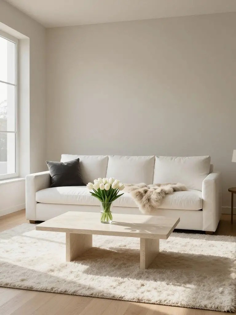 A serene minimalist living room centered around a white upholstered sofa positioned against a warm neutral wall.