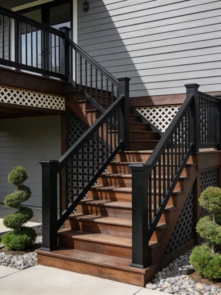 An elevated deck with black railings and matching lattice skirting in a modern rustic outdoor setting.