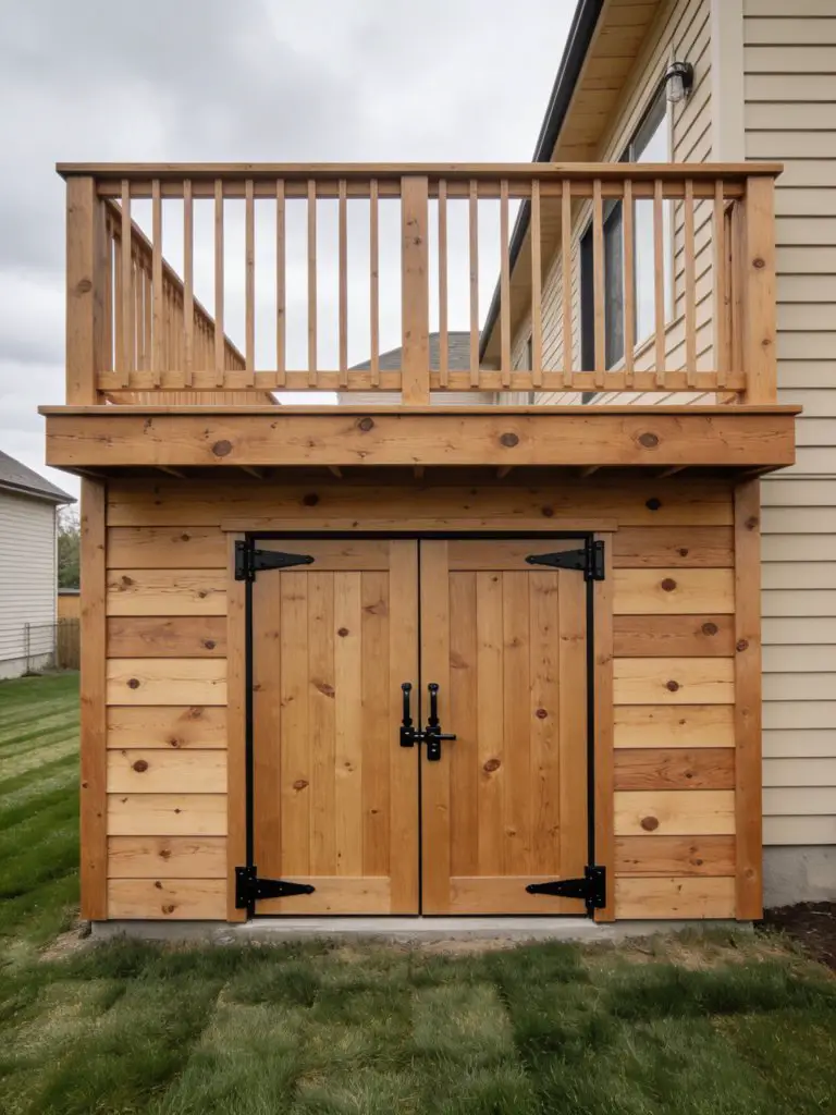 An elevated deck with horizontal skirting incorporating built-in shed doors in a modern farmhouse style.