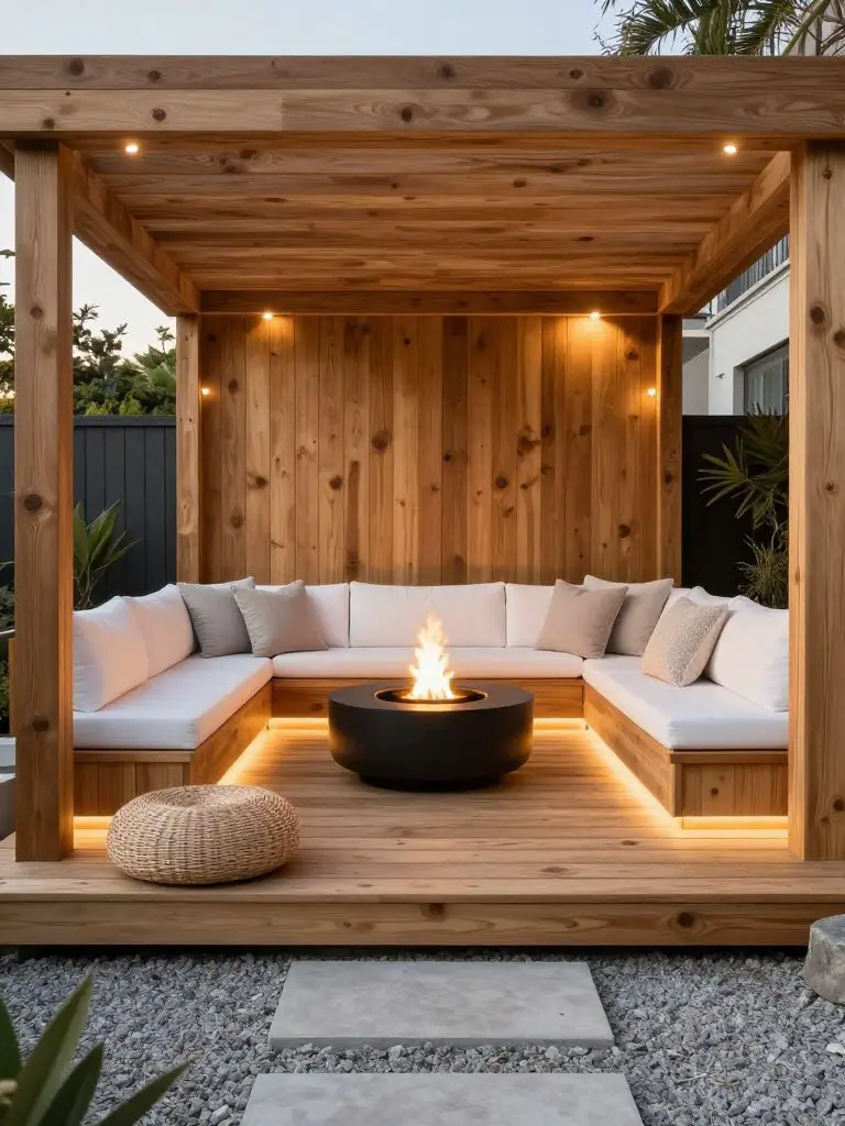 Create an elevated wooden deck pergola lounge featuring a built-in L-shaped sectional and central fire bowl.