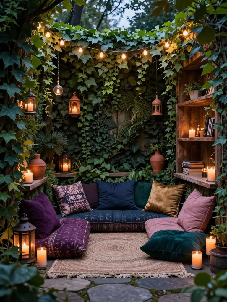 Create an enchanted ivy-covered lounge nook in a witchy backyard using bohemian woodland design elements.