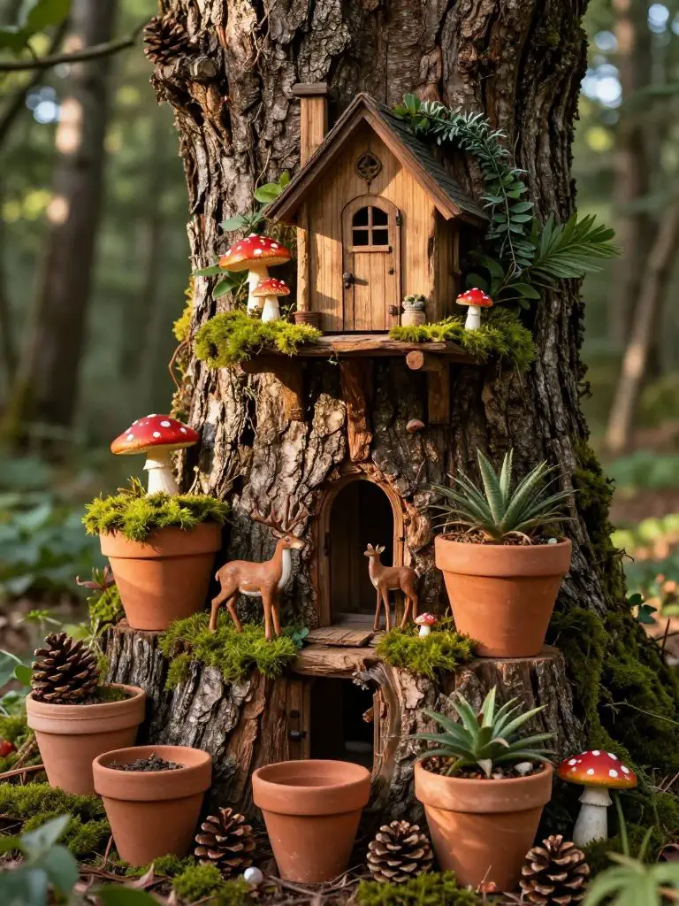 Design an enchanted fairy retreat built into a tree stump with layered terracotta pots, moss, and miniature woodland creatures.