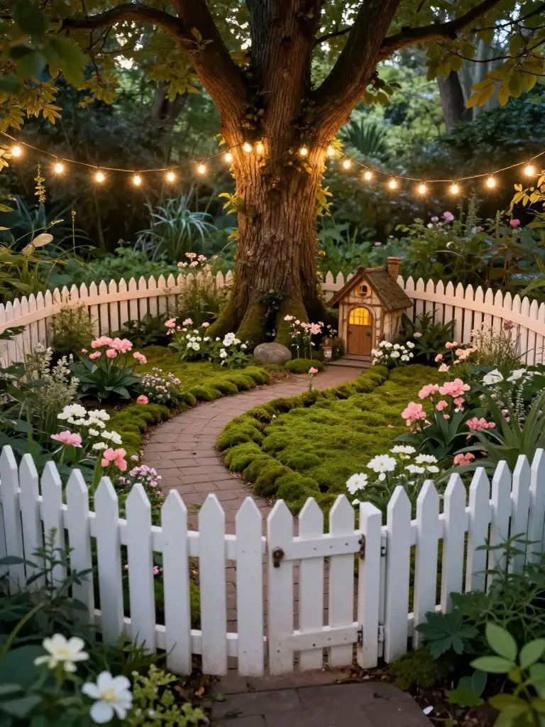 Design a fenced woodland fairy garden clearing wrapped around a large tree trunk and enclosed with a white picket fence.