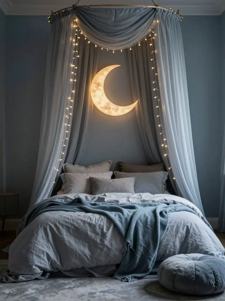 An ethereal witch bedroom styled with soft blue tones and dreamy draped fabrics.