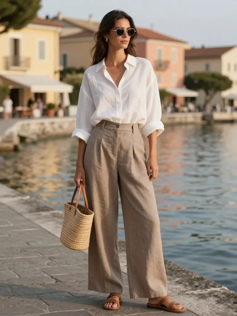 A European waterfront street style scene showcasing sustainable fashion outfit ideas inspired by relaxed Mediterranean minimalism.