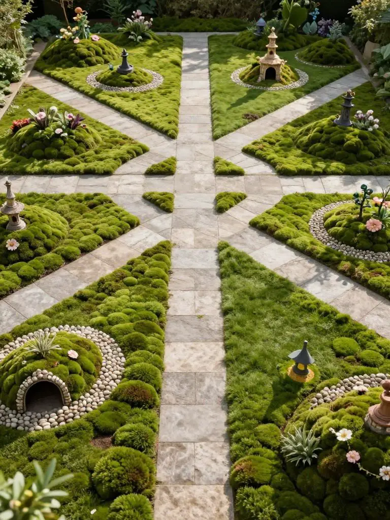 Design an expansive moss lawn fairy landscape with intersecting stone crossroads forming an X-shaped path across a wide green base.