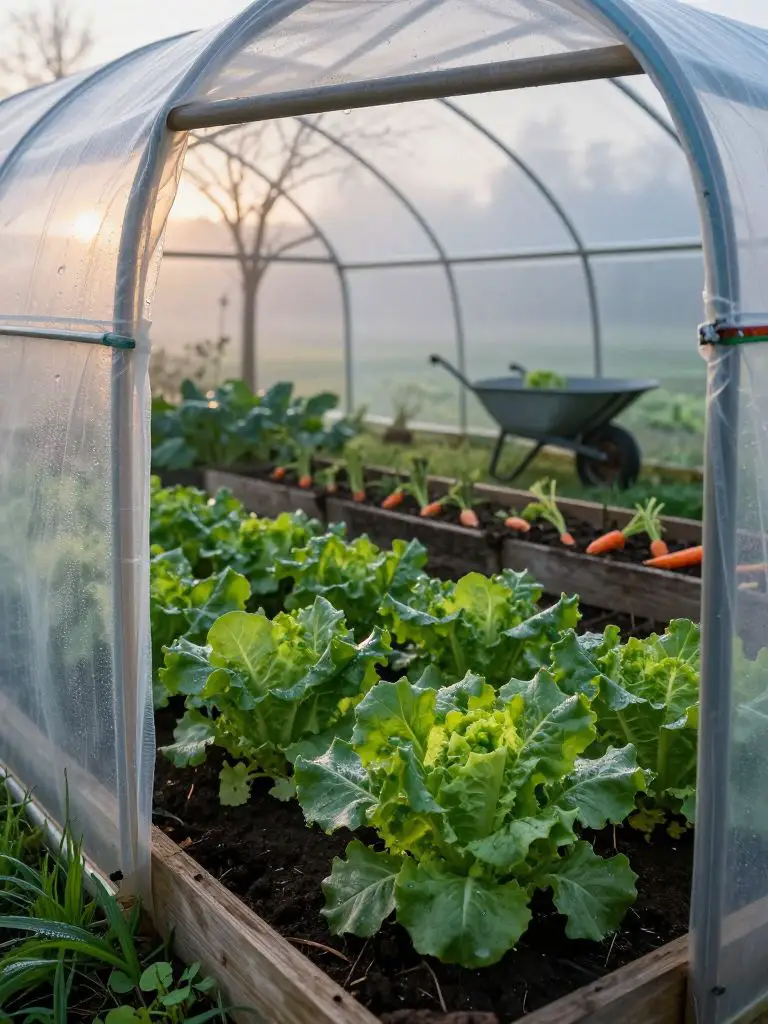 A crisp early spring morning outside a mid-sized hoop house, with condensation droplets beading on the translucent polyethylene film in the.