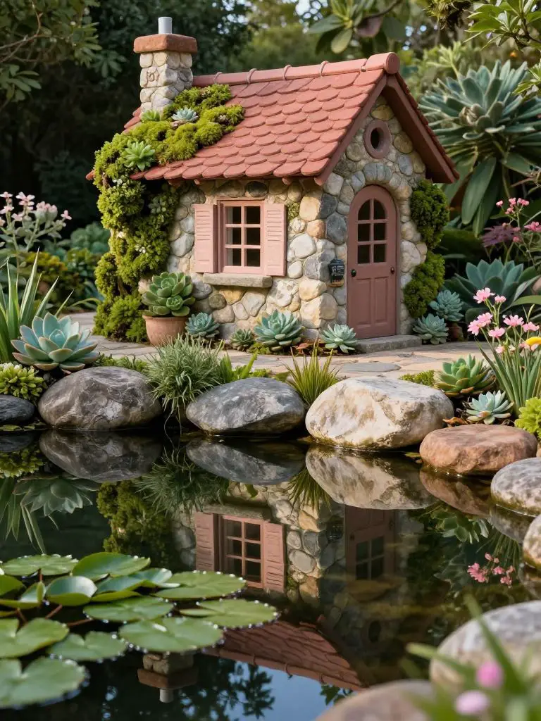 Design a fairy cottage positioned beside a reflective pond bordered with smooth river rocks and lush plantings.