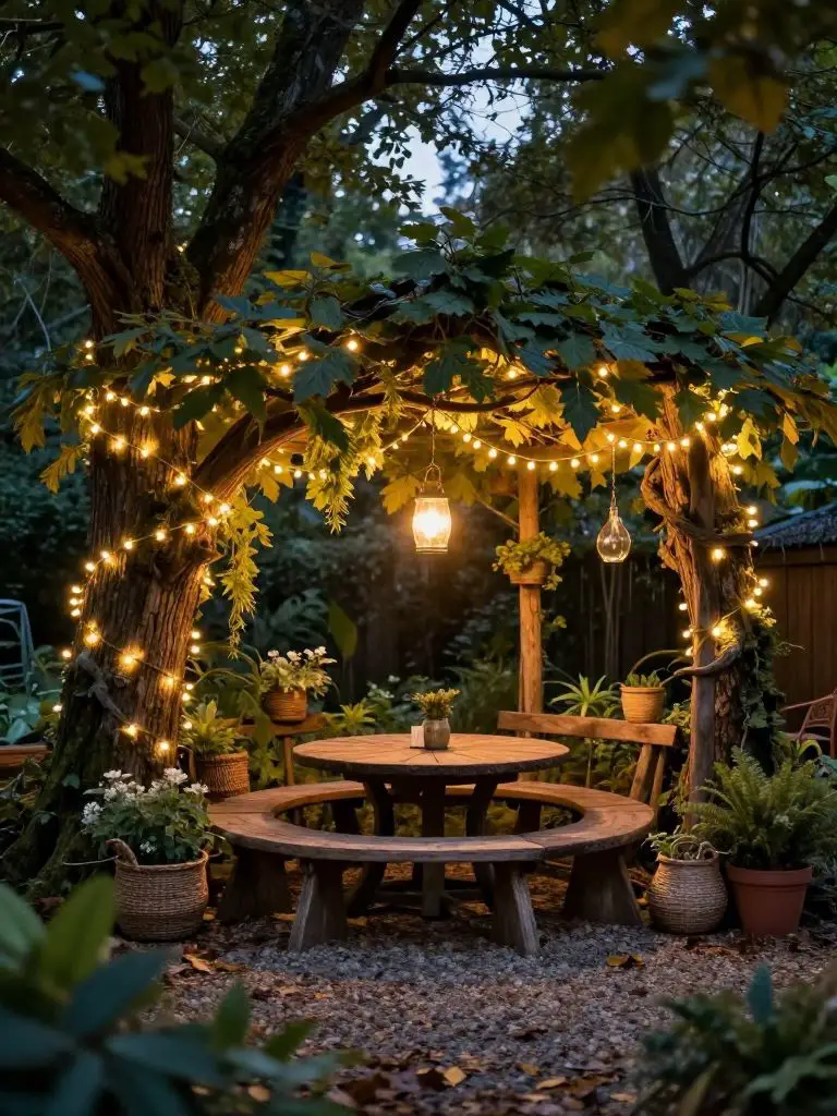 Design a fairy-lit tree canopy dining corner in a witchy backyard with romantic enchanted forest styling.