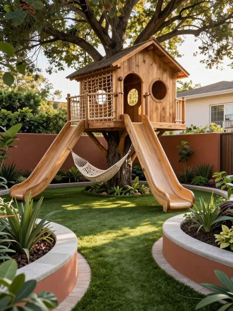 Design a playful yet stylish dream backyard featuring a wooden treehouse structure with climbing rope, slide, and hammock seating below.