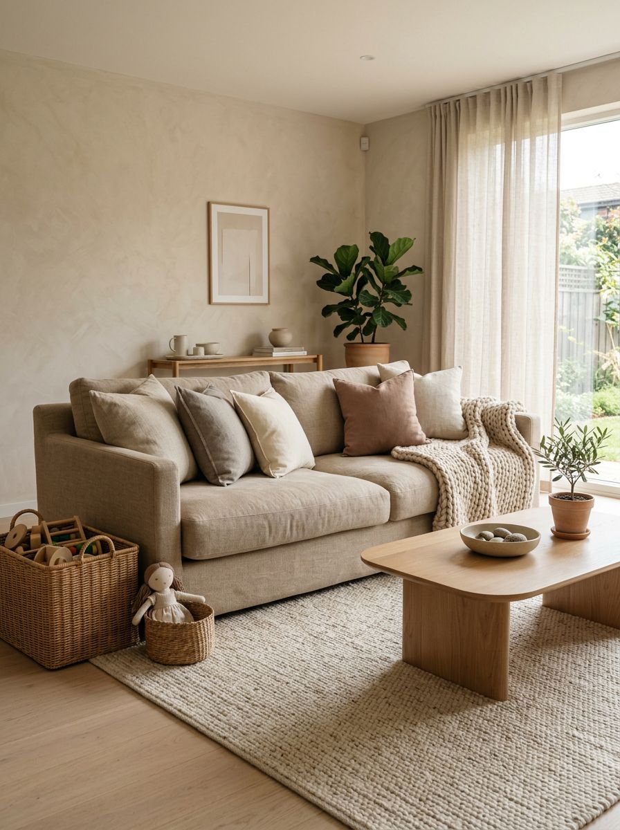 A family-friendly minimalist living room designed with soft neutral layers that make the space warm and safe for children.