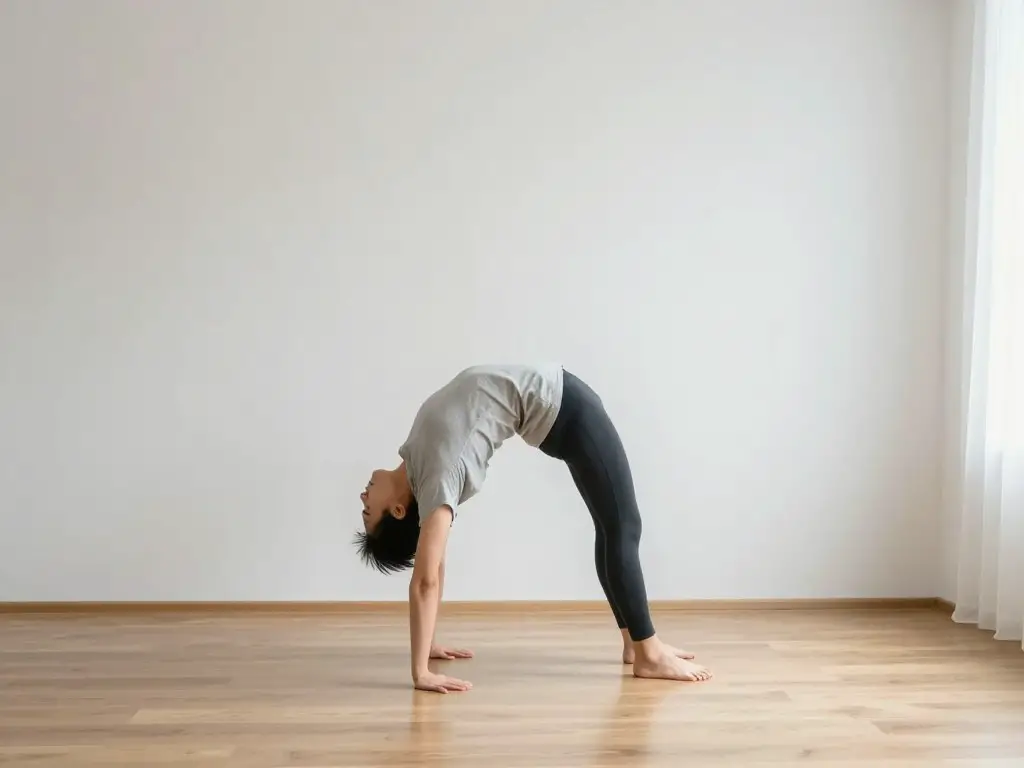 Person doing a simple morning stretch in a bright minimalist living room with white walls and wooden floors, soft natural morning light