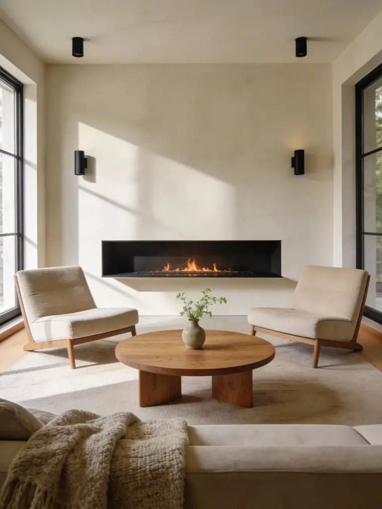 A serene minimalist living room with fireplace designed in warm minimalist and modern Scandinavian interior style.