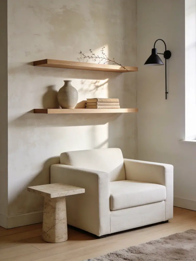 A small minimalist apartment living room wall featuring elegant floating shelves that maintain an open and clutter-free aesthetic.