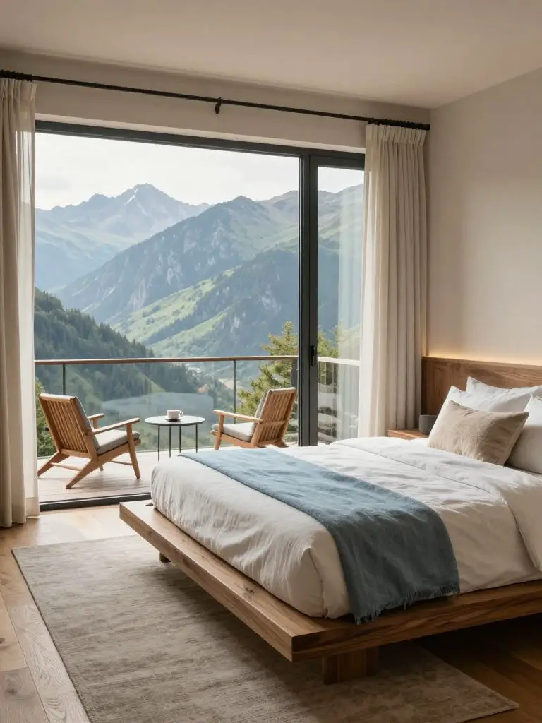 A serene modern mountain bedroom designed to maximize sweeping alpine views through a massive floor-to-ceiling glass wall and sliding doors.