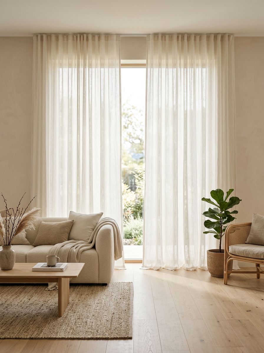 A minimalist living room scene showcasing floor-to-ceiling sheer linen curtains as the hero element, designed in a Scandinavian and warm min.