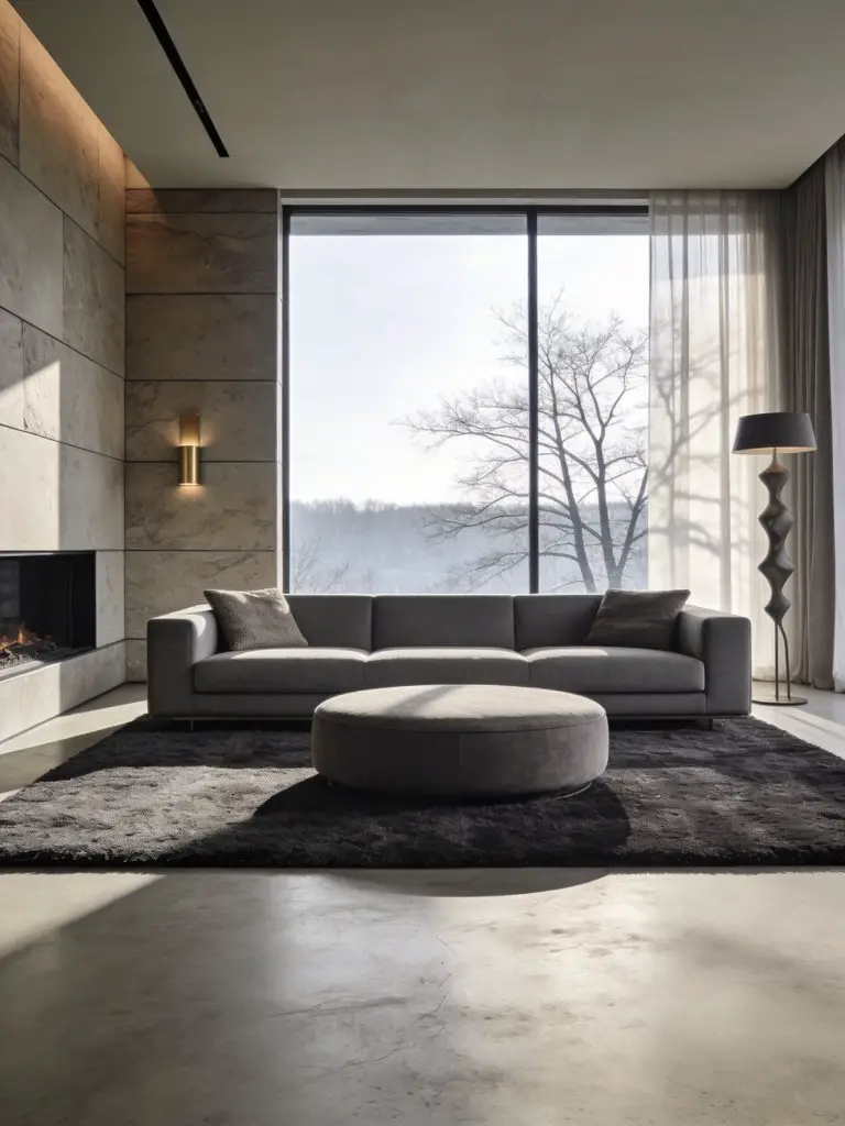 A sophisticated minimalist luxury living room centered around dramatic floor-to-ceiling windows overlooking a quiet landscape with bare tree.