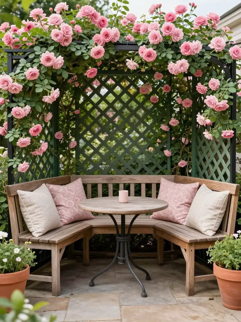 Design a floral trellis backyard nook featuring a corner wooden bench and small round bistro table.