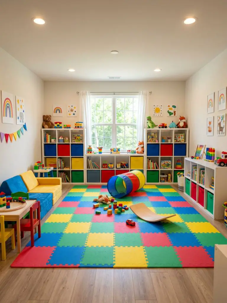 A playful bonus room designed as a kids play area with a cheerful and colorful aesthetic, featuring foam floor tiles, soft seating, and open.