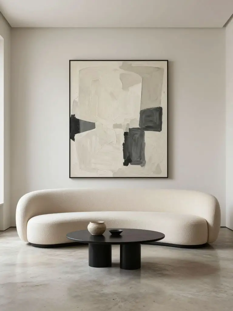 A gallery-inspired minimalist living room designed to feel like a curated art space.