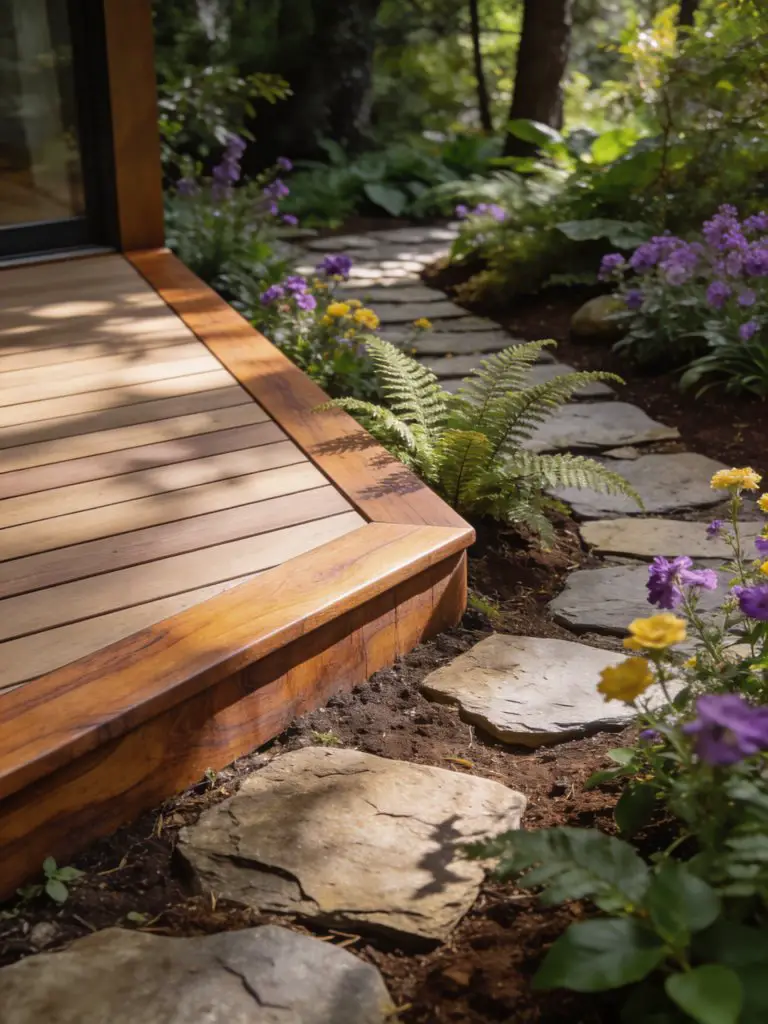 A nature-integrated deck design featuring horizontal skirting blending into a landscaped garden.