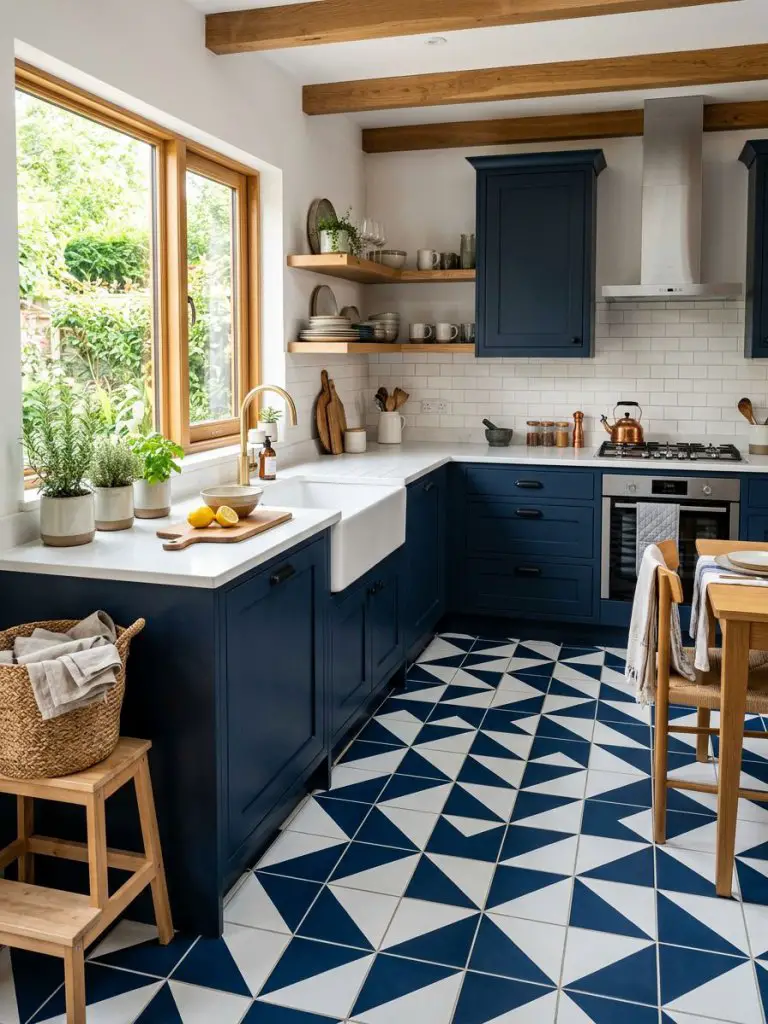 A vibrant kitchen featuring geometric patterned tile flooring in a warm minimalist and modern rustic style.