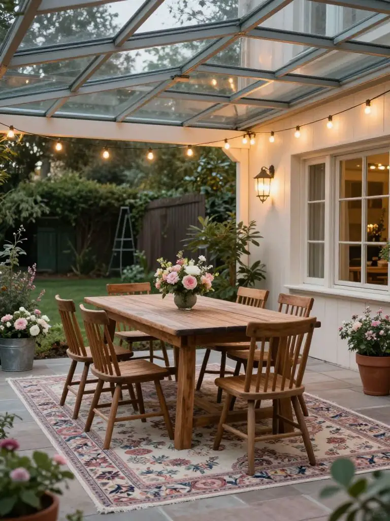 Create a glass-covered pergola dining area designed for cozy outdoor meals.
