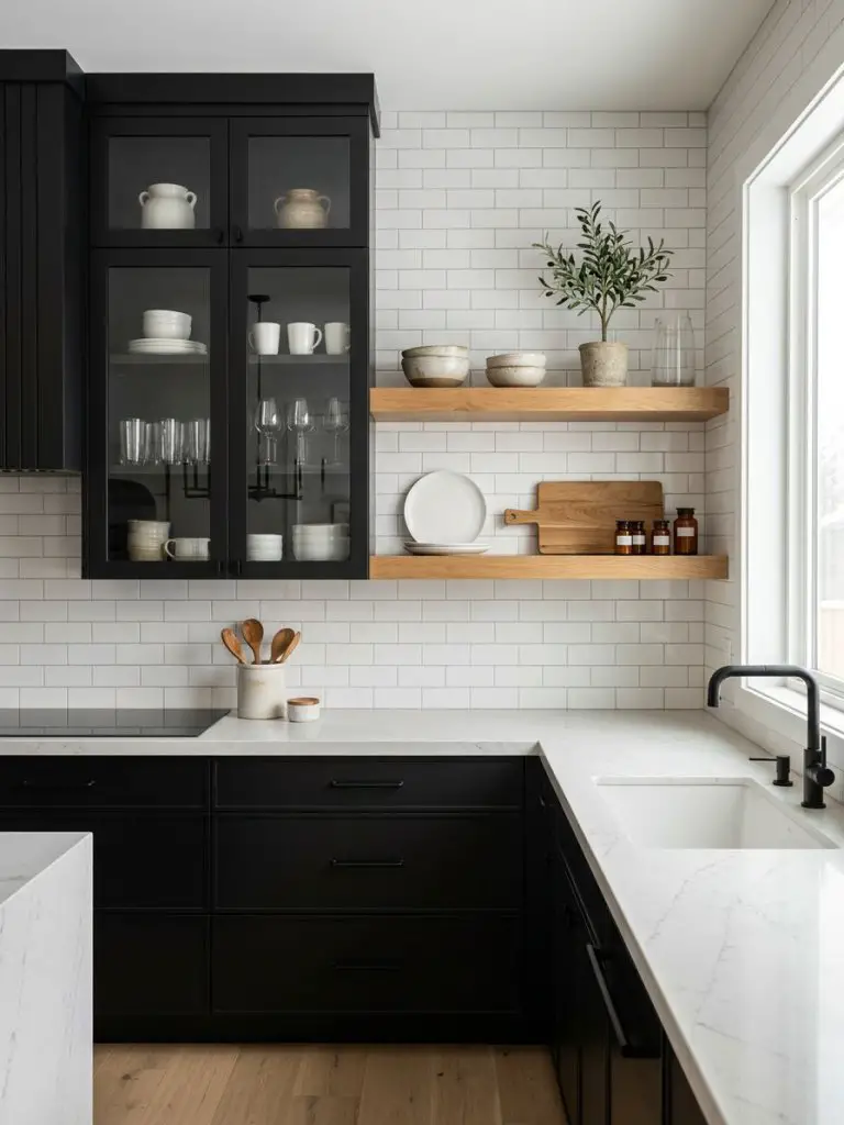 A modern kitchen featuring glass-front cabinets paired with floating wooden shelves.