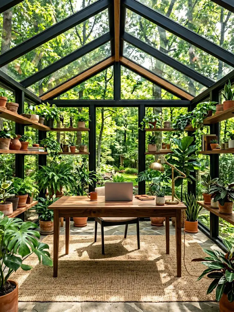 A lush greenhouse-style office cabin surrounded by glass walls and a sloped glass ceiling that fills the space with filtered sunlight.