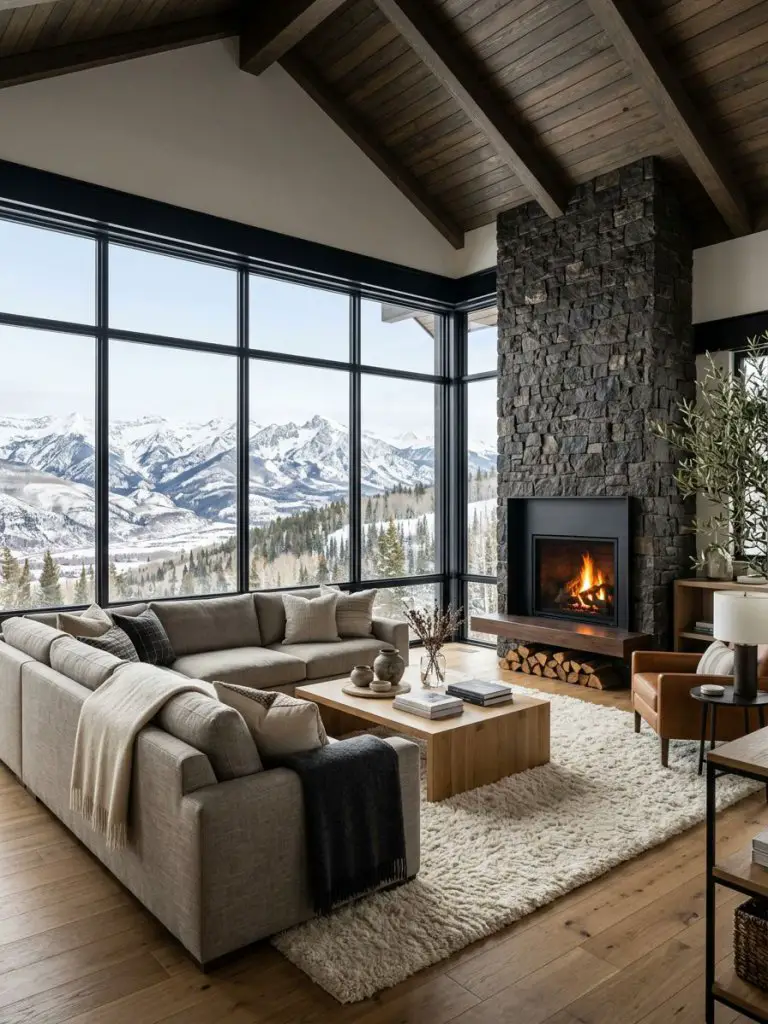 A spectacular contemporary mountain living room designed in modern rustic style with dramatic panoramic views.
