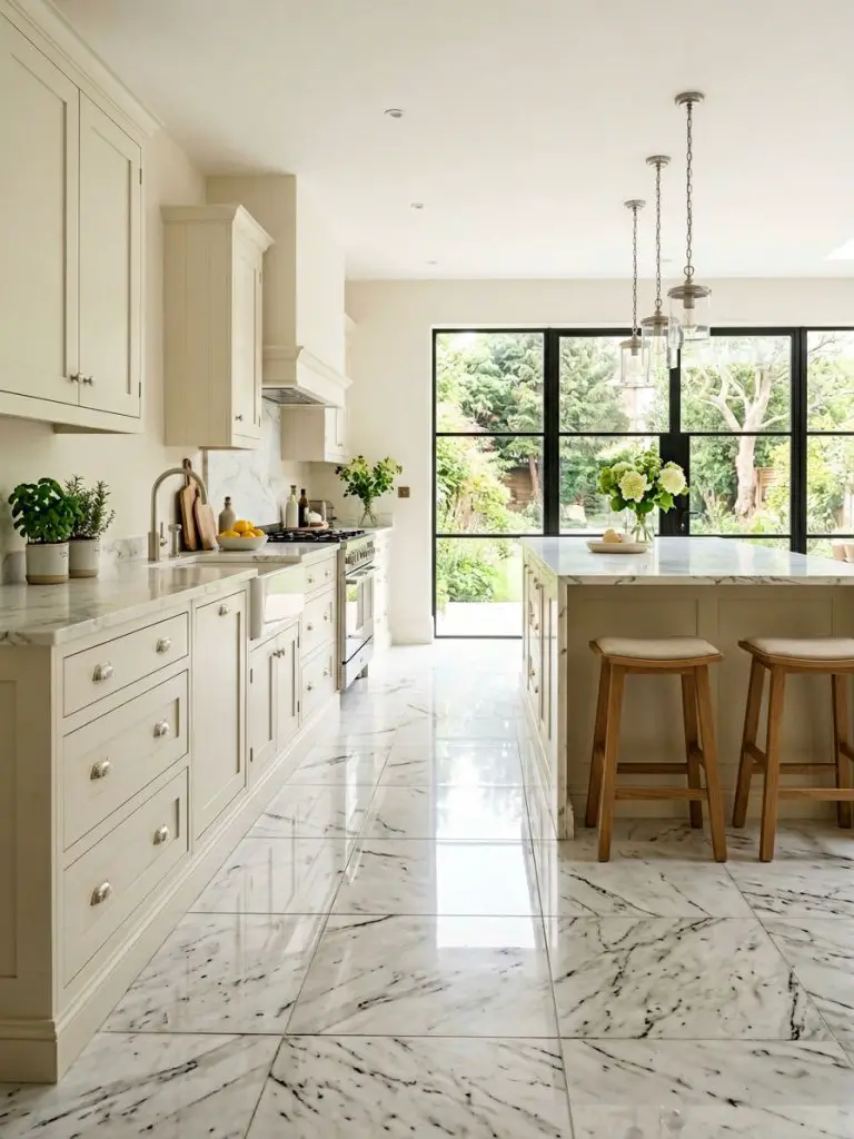 A bright and airy kitchen with glossy marble tile flooring in soft white and subtle gray veining, reflecting abundant natural light.