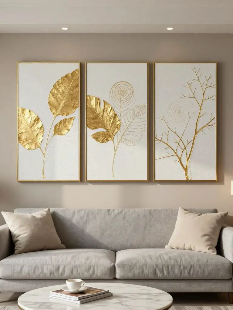 A luxurious minimalist living room featuring a gold textured minimalist wall art triptych that introduces subtle metallic elegance.