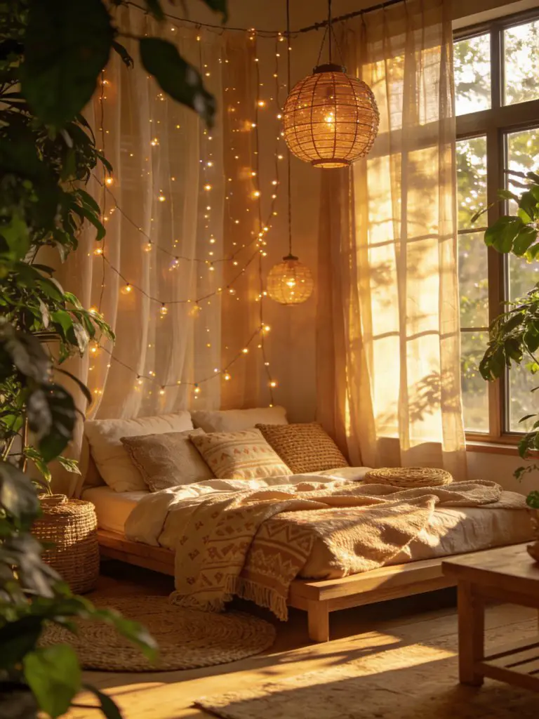 A golden sunlit boho witchy bedroom filled with warm light and soft textures, featuring a low bed positioned near large windows draped in sh.