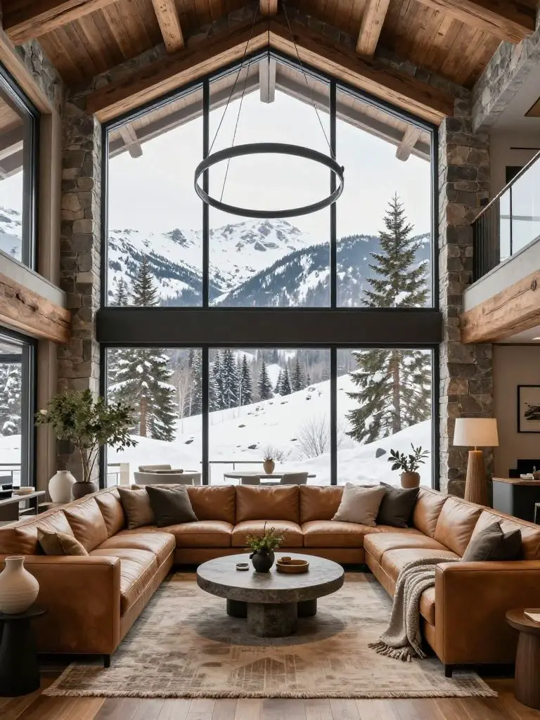 A grand modern mountain lodge living room with towering floor-to-ceiling windows revealing snow-covered alpine hills and pine forests outsid.
