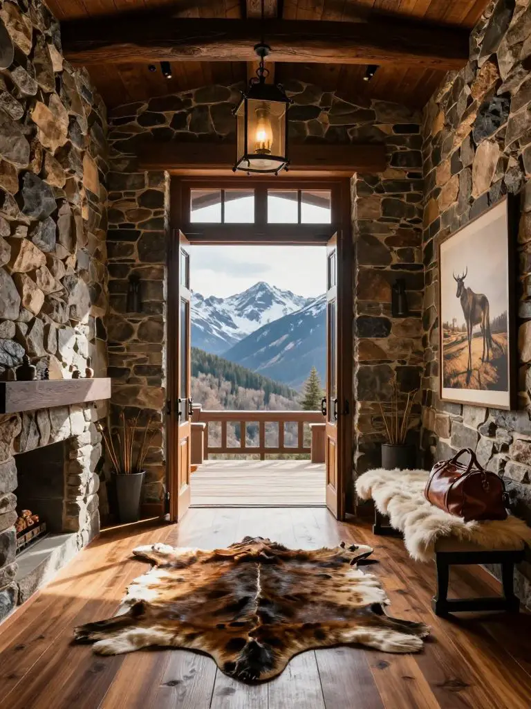 A grand mountain lodge entryway with tall double wooden doors opening toward a dramatic mountain view outside.