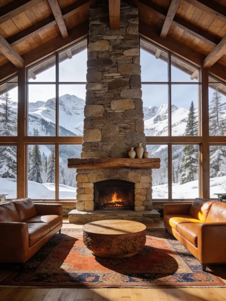 A grand rustic mountain cabin living room defined by a towering stacked stone fireplace that rises toward a vaulted timber ceiling with expo.