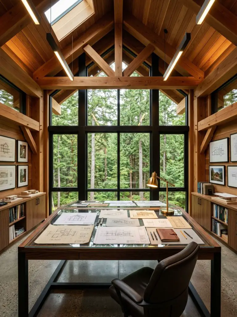 A grand timber office cabin designed with dramatic vaulted ceilings and large architectural windows overlooking dense forest scenery.