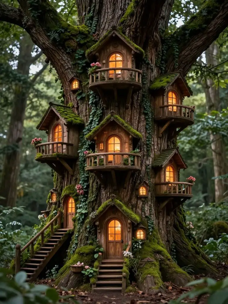 Create an elaborate tree trunk fairy mansion integrated directly into a mature tree base.