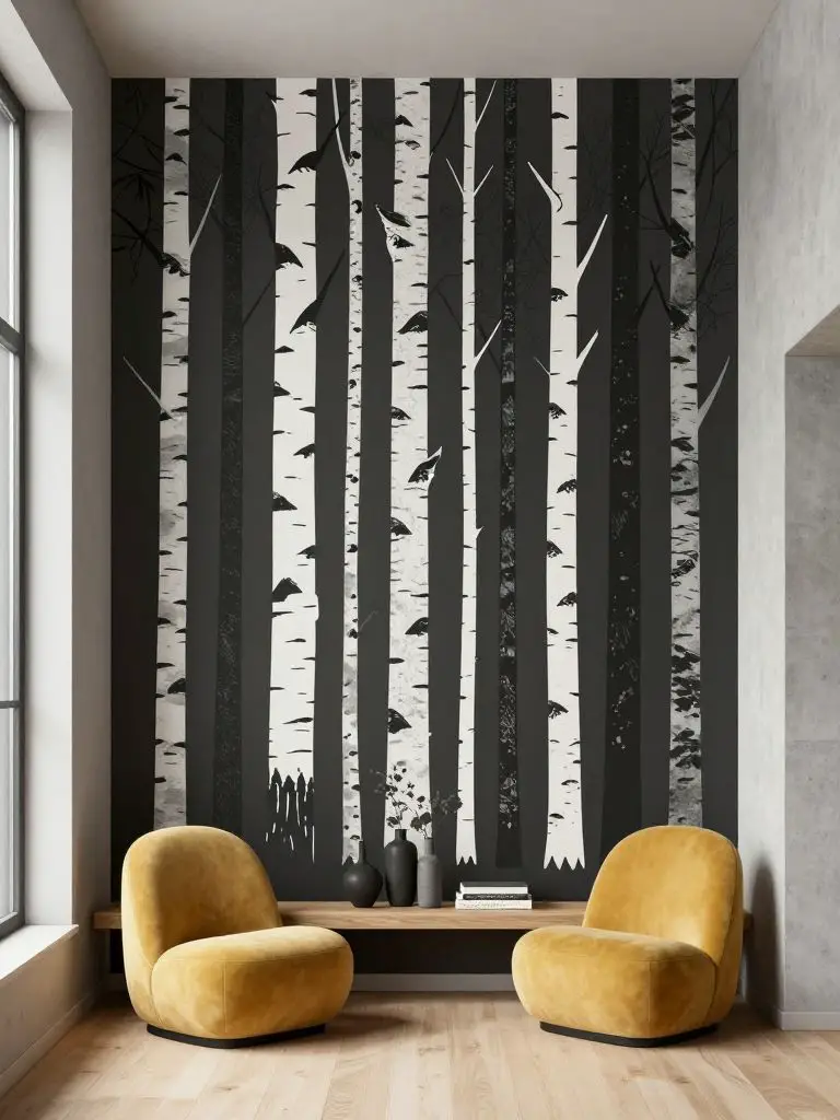 A modern accent seating corner designed around graphic minimalist wall art inspired by forest silhouettes.