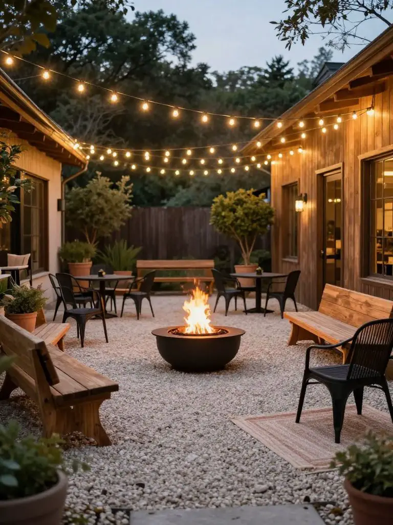 Create a wide gravel courtyard illuminated by overhead bistro string lights forming a glowing canopy.