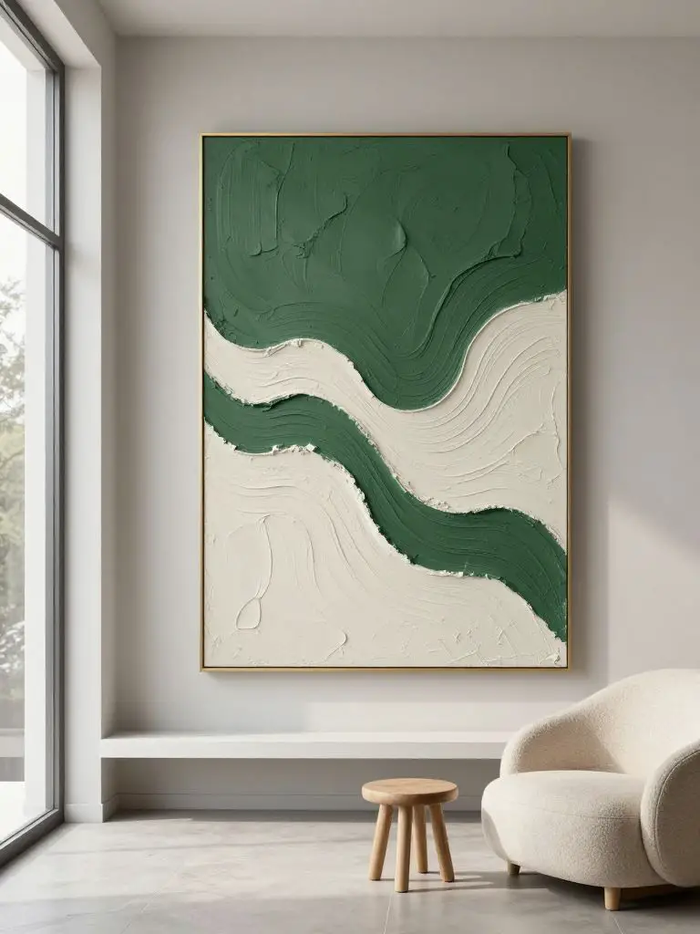 A calm minimalist living space featuring organic textured minimalist wall art in earthy green tones.